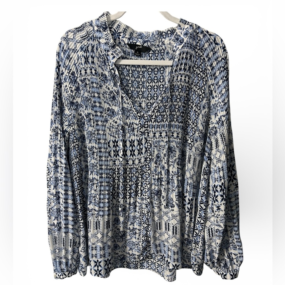 Grw Pleated Patterned V-Neck Blouse Elastic Sleeves and Tassels Women’s Top